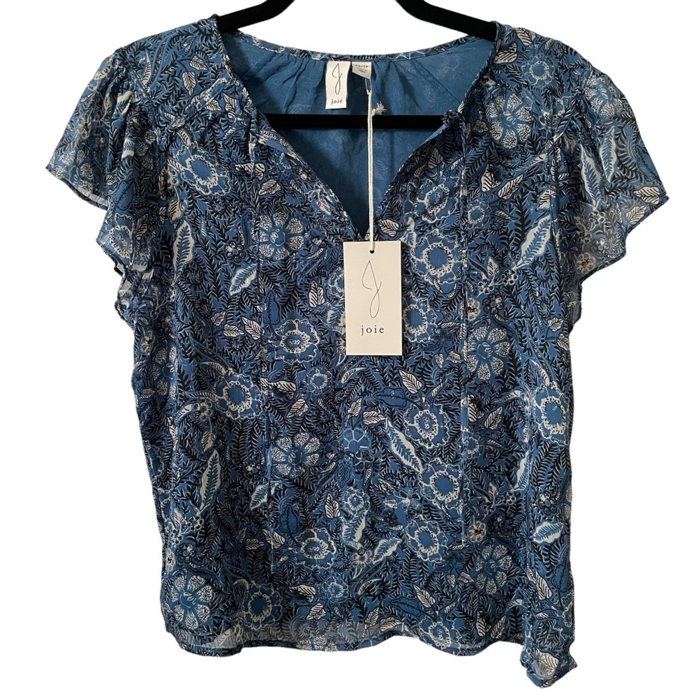 Joie Women’s Chiffon Floral Tie Neck Flutter Sleeve Blouse, Size XS, NWT!